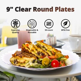 50 Clear Hard Plastic Plates Set By Oasis Creations - 9" Clear Round Disposable Plate - Washable and Reusable