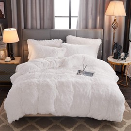 WERDIM Shaggy Fluffy Faux Fur Duvet Cover Set Button Closure Velvety Bedding Set Comforter Cover with Pillowcases White, King Size