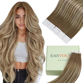 Easyouth Tape in Hair Extensions Brown Balayage Tape in Hair Extensions Human Hair Ombre 18Inch Gentle-to-touch Hair PU Tape ins Human Hair Extensions Medium Brown Balayage Platinum Blonde 40g 20pcs