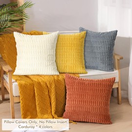 UXORSN Pack of 4 Fall Decorative Throw Pillow Covers Autumn Soft Corduroy Striped Square Pillowcases Blue Beige Orange Yellow Fluffy Cushion Cases Boho Decor for Farmhouse Bed Sofa