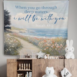 Mcehtle Coastal Ocean Christian Tapestry, Bible Verse Wall Tapestries, Isaiah 43:2 Christian Religious Scripture Wall Hanging Decor for Bedroom Living Room Home Office Church, 50x60 Inch