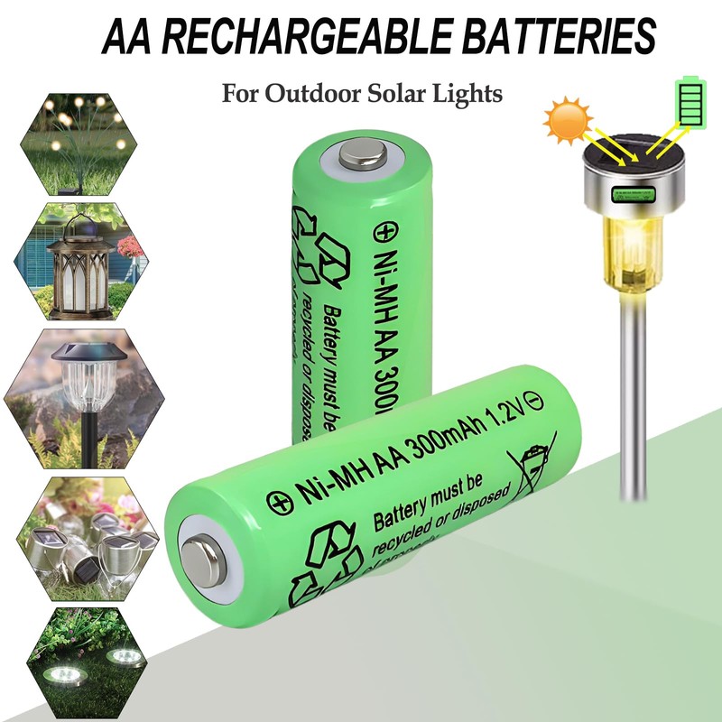 Ni-Mh AA 300mAh 1.2V Solar Light Rechargable Batteries 10 Pack,1.2