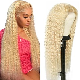 Tuheerst Curly Wave Human Hair Wig Real Hair Wig Women's Blonde #613 4x4 Lace Brazilian Real Hair Glueless Wear and Go Pre Bleached Knots with Baby Hair for Woman 22 Inches