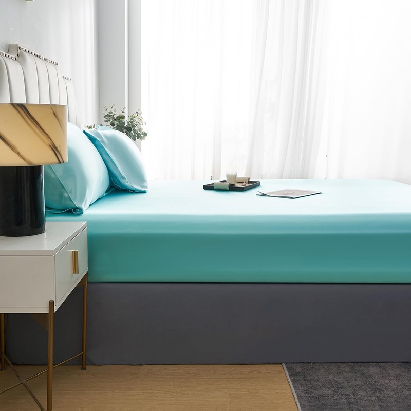 JHCHMX Satin Blue Fitted Sheets King Bed,Deep Pocket Soft Bed