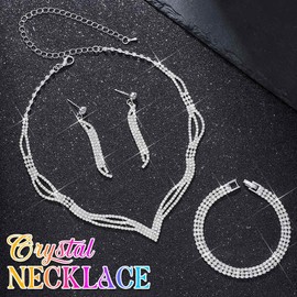 Reaky Brautschmuck-Set, silberne Strass-Ohrringe und Halskette, Hochzeits- und Abschlussball-Schmuckset für Frauen (3er-Pack) (Silber)