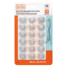 BLACK+DECKER Solid Wall Hooks, Quick Stick Adhesive, Removeable, 18 Wall Hooks, 22 Adhesive Strips, Hang Decorations Without Damaging Walls, up to 0.5lb., Clear