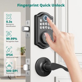 Keyless Entry Door Lock with Handle - 2 Lever Handles, AkaGear Fingerprint Door Lock, Electronic Keypad Deadbolt, 2 Keys, Smart Lock for Front Door, Auto-Lock & One Touch Locking, Easy Installation