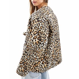 Jawmeu Women's Cropped Quilted Jacket Tie Front Lightweight Padded Puffer Cardigan Coat Outwear(Leopard-M)