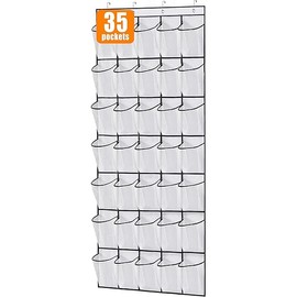 MISSLO 35 Large Pockets Over The Door Shoe Organizer Sturdy Oxford Fabric Hanging Shoe Rack for Door Mesh Closet Shoe Holder Hanger, White