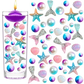 FEICUIBEXI 143 Pcs Mermaid Vase Filler, Acrylic Beach Shells Starfish Fish Tail Stelleroid Multicolor Pearl Bead for Party Table Centerpiece Beach Theme Home Decor