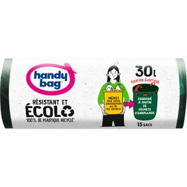 Handy Bag - 30Lx15 EcoLo Elastic Bin Liners - Heavy Duty: 3 Layer Film - Maximum Waterproof - 100% Recycled Plastic from the Collection of