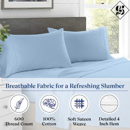 Standard/Queen Size Pillowcase Set of 2 - Light Blue Super Soft Pillow Cases Queen, 600 Thread Count 100% Egyptian Cotton Quality, Breathable, Cool, Sateen Weave Sleeping Pillow Covers - Light Blue