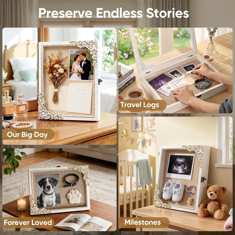 11x14 Shadow Box Frame, Vintage Gold & White Wood Display