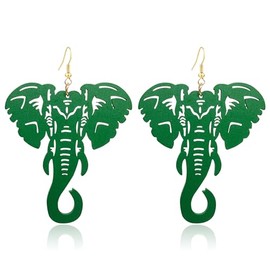 KaFu Lightweight Large Natural Wooden Dangle Earrings Ethnic Style African Elephant Drop Earrings for Women Bohemian Style Jewelry Earrings (Green-1)
