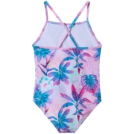 UMELOK Girls One Piece Swimsuits with UPF 50+ Sun Protection Cross Back Thin Strap Bathing Suits Beach Swimwear Pink Purple,Palm Leaves,8Years