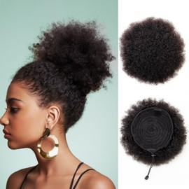 Boymia Afro Puff Ponytail for Black Women #1B Natural Black 6 Inch 100% Human Hair Puff Ponytail Hair Extensions Clip On Kinky Drawstring Curly Ponytail Bun Durable Natural Soft and Smooth Hairpiece