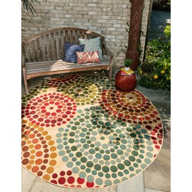 Unique Loom Outdoor Modern Collection Area Rug - Spark (10' Round, Beige/ Burgundy)