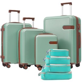 8 Piece Luggage Sets with Compression Packing Cubes for Suitcase Expanable Spinner Wheels Lightweight Suitcase with TSA Lock 16 IN+20IN+24IN+28IN - Colour: light green