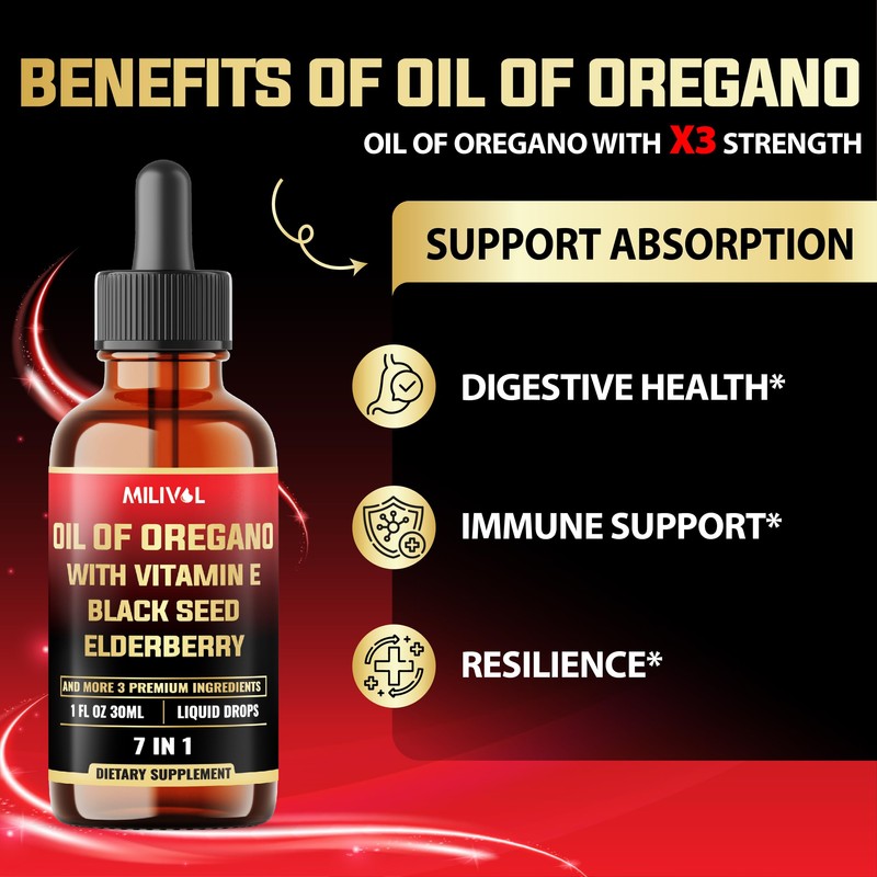 MILIVOL 7in1 Liquid Oregano Drops with Black Seed, Elderberry, Turmeric,