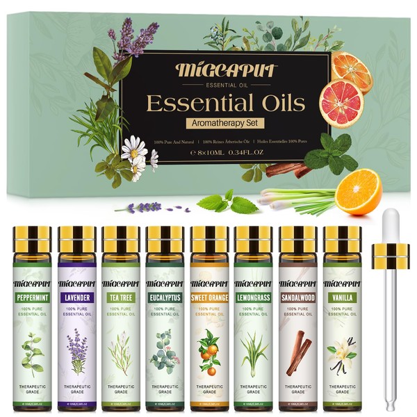 MIGCAPUT Fruit Essential Oils Kit, 8 x 10 ml, 100% Pure Essential Oils for Diffuser, Aromatherapy Essential Oils for Spa, Massage, Bath – Strawberry, Cherry, Blueberry, Cantaloup
