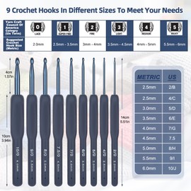 Reessy Crochet Hooks Set, 2.0mm-6.0mm Ergonomic Crochet Hooks for Arthritic Hands, 9 Sizes Aluminum Crochet Hook Set with Soft Rubber Grip for Crochet Beginners and Experienced Crochet Lovers