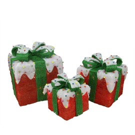 Northlight Set of 3 Lighted Snow and Candy Covered Sisal Gift Boxes Christmas Outdoor Decorations
