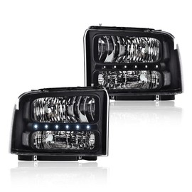 G-PLUS LED DRL Headlights Point Style, Compatible with 2005 2006 2007 Ford F250 F350 F450 F550 Super Duty Headlamp Driver and Passenger Side, Clear lens Black Housing Clear Reflector