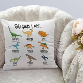 Cartoon Dinosaur Christian Bible Scripture God Says I am Throw Pillow Cover Decor for Home Kids Room Nursery Playroom Decor,Gifts for Kids Girls Boys Dinosaur Lovers,Christian Gifts,18x18 Inches