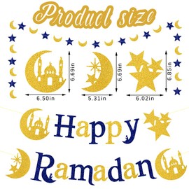 Ramadan Kareem Banner Glitter Happy Ramadan Words Stars Moon Banner, Eid Mubarak Decor Banner for Ramadan Kareem Party Decoration Anniversary Home Bedroom Front Door Room Hanging Decoration Supplies