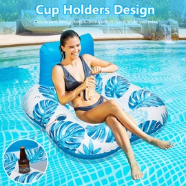 Inflatable Pool Floats Lounger Adult,Floating Lounge Chairs with Color Changing LED Lights,Pool Lounger Float with Cup Holders,Backrest and Mesh Bottom for Pool, Beach, and Water Parties
