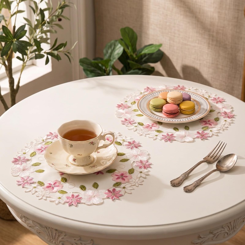 2Pack Round Lace Doilies Tablecloth,flower Embroidered Placemats