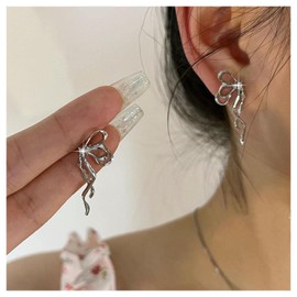 Allereyae Vintage Crystal Bow Earrings Half Bow Drop Earrings Hollow Bowknot Stud Earrings Silver Cz Stud Earrings Metal Bow Dangle Earrings Jewelry for Women and Girls