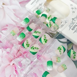 24Pcs St. Patrick's Day Press on Nails French Tip Fake Nails Short Square Cute Shamrock Acrylic Artificial Nails Full Cover St. Patrick's Day Nails Designs Sparkly Green Stick on Nails for Women