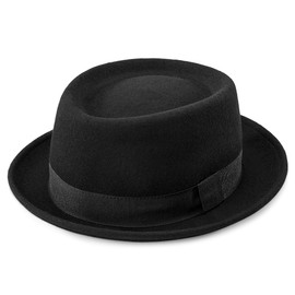 Pork Pie Mens Wool Flat Top Fedora Hat Unisex Porkpie Hats (S/M), Black Short Brim Style A