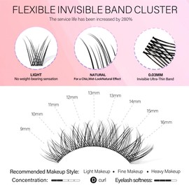 Happy Heartbeat Natural Lash Clusters Thin Invisible Band Eyelash Extension Clear Band Individual Lashes Soft Wispy Mixed Length Reusable DIY False Eyelashes(U5)