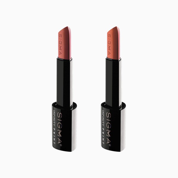 Sigma Beauty Set of 2 Infinity Point Lipstick - Peachy Nude and Mulberry Muave- Longwear Satin Finish Lipstick for Great Lip Color Makeup, Epiphany and Temptation