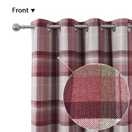 always4u Red Check Curtains Plaid Farmhouse Window Curtains Highland Woolen Look Grommet Drapes for Living Room Bedroom 2 Panels 54 * 63 Inches