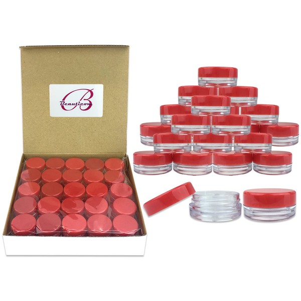 Beauticom (100 Pieces Jars + Lid) 3G/3ML Round Clear Jars with RED Screw Cap Lids for Scrubs, Oils, Toner, Salves, Creams, Lotions, Makeup Samples, Lip Balms - BPA Free