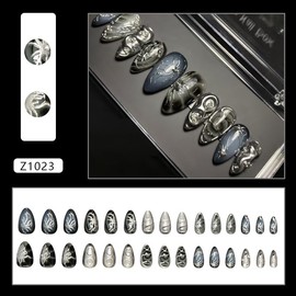 Mkwntg 24Pcs Dark Press on Nails Medium Almond Fake Nails with 3D Y2K Irregular Silver Design Alloy Bead Black Gradient Glossy False Nails Flower Blooming Full Cover Acrylic Glue on Nails for Women