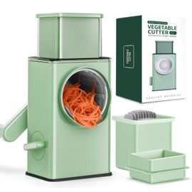 KEOUKE Rotary Cheese Grater Vegetable Shredder with 5 Stainless Steel Blades & Enlarge Input & Strong Suction Base Rotating Mandoline Slicer Food Chopper for Kitchen with Blade Storage Box, Green