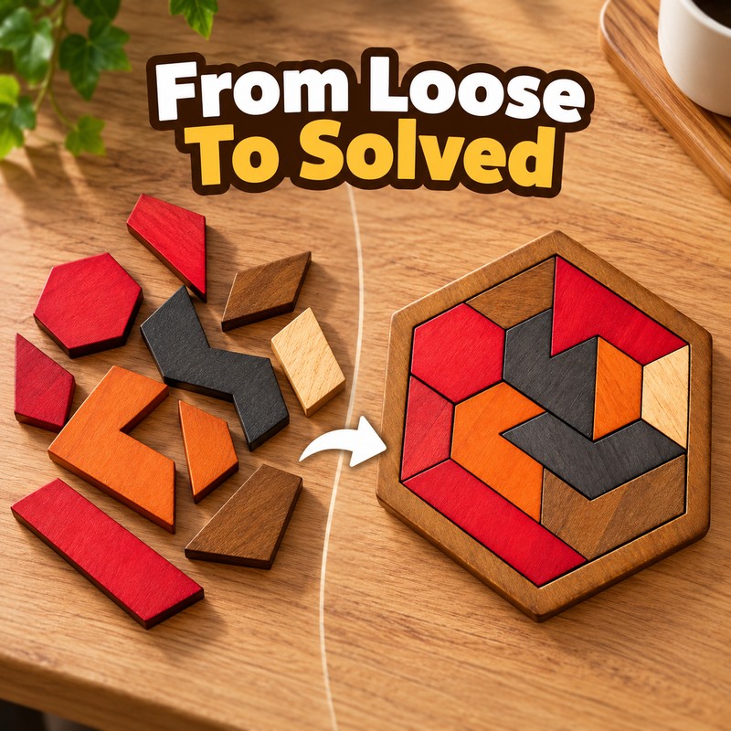 Hexagonal Wooden Puzzle for Brain Teasing – 11-Piece Logic Challenge