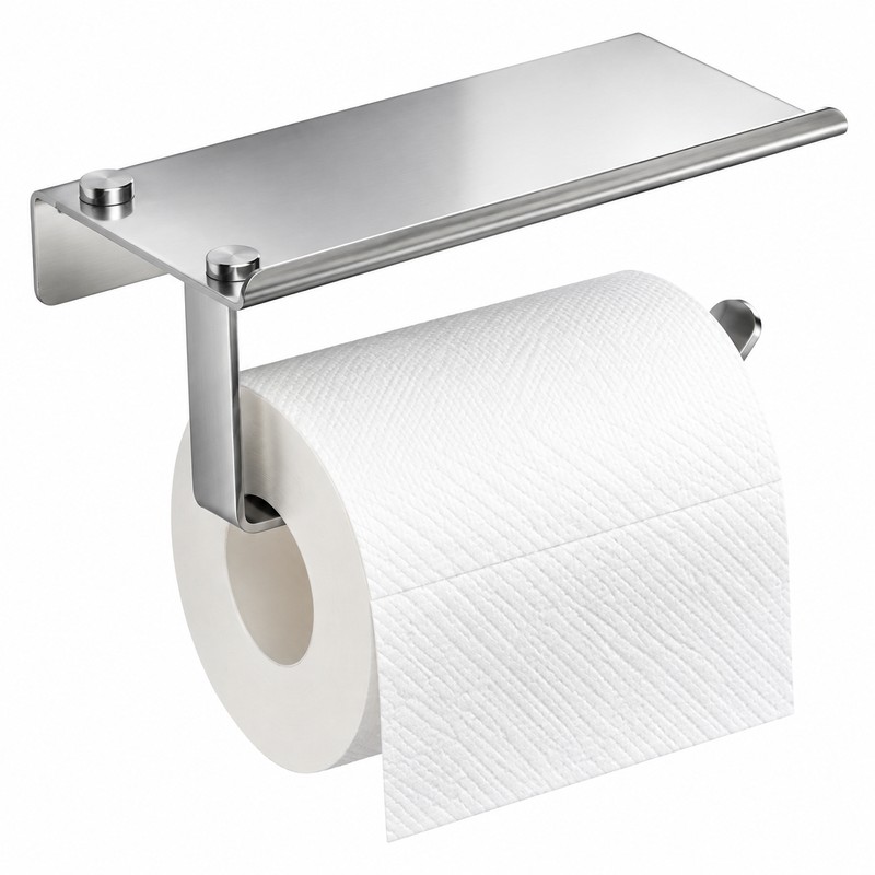 Stainless Steel Toilet Paper Holder with Phone Shelf – Wall