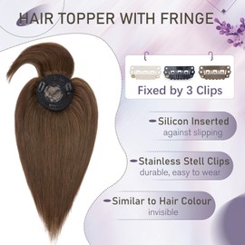 Elailite Hair Topper, Real Hair, Toupee Women's with Long Fringe, Clip-In Hairpiece, Hair Topper Base 10 x 10 cm (no line), 35 cm, #4 Medium Brown