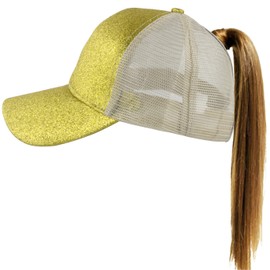 Muryobao Gorra de béisbol para mujer con cola de caballo y moño alto ajustable, color liso, Brillantina dorada, Talla única