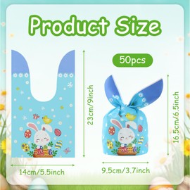 Easter Bunny Treat Bags Cute Rabbit Long Ear Candy Gift Bags, 50 Pieces Bunny Chick Egg Print Goodie Plastic Bag with Rabbit Ears Ties in 3 Patterns for Kids Homemade Easter Party Favor Supplies