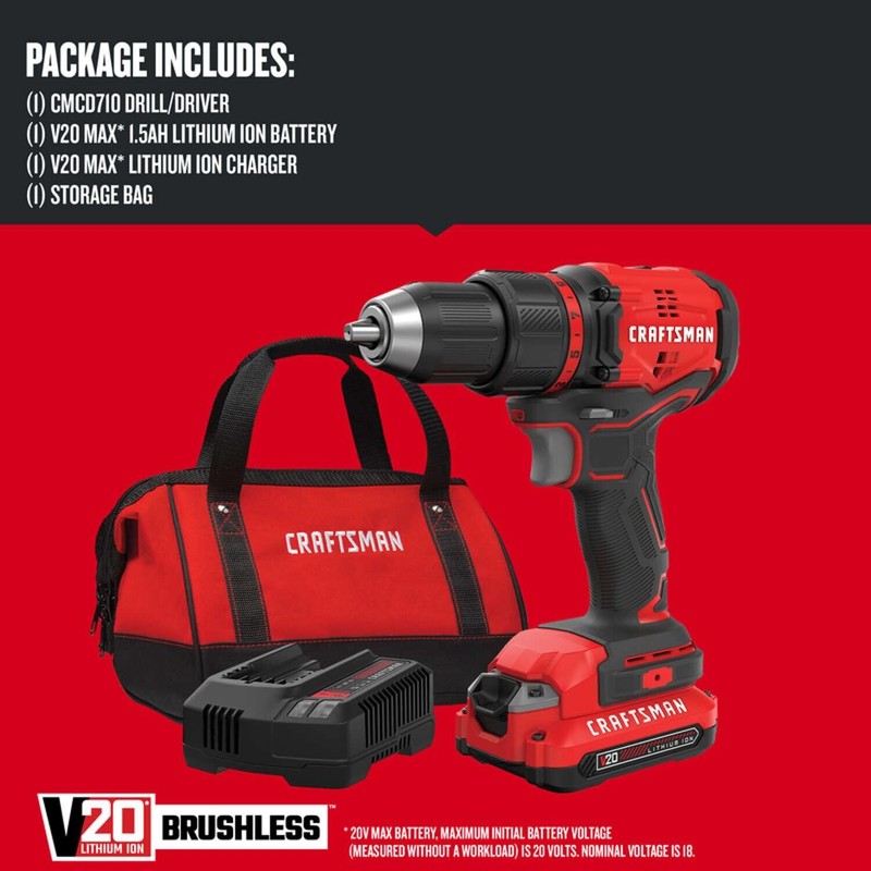 CRAFTSMAN V20 Cordless Drill/Driver Kit, 1/2 inch, Battery and Charger