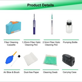 QIIRUN Fiber Optic Cleaning Kit FTTH Optical Fiber Cleaner Tools with Fiber Cleaning Cassette for FC SC ST LC MU Connectors, 1.25mm/2.5mm Fiber Cleaner Pens, Cleaning Swabs Wipes
