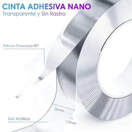 Reutilizable Nano Tape de 5M, 2 rollos Nano Cinta Doble Cara Extrafuerte Transparente, Nano Tape Reutilizable Lavable Sin Residuos, Tape Doble Cara pa