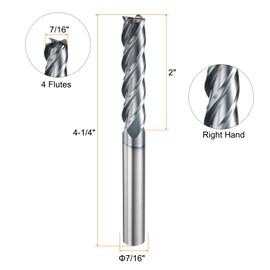 sourcing map Carbide Square Nose End Mill Bit 7/16" Cut Dia 4 Flutes TiAlN Coated Milling Cutter for Hardened Steel Metal (7/16" Shank 2" Cut Length 4-1/4" Long 30 Degree Helix HRC53-55)