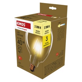 EMOS LED Vintage Edison G125 Bulb, 4.5 W Replacement for 40 W Bulb, Amber Glass Bulb with E27 Socket, Brightness 420 lm, Warm White 2200 K, 25000 Hours Life, CRI Min. 80, 320° Beam Angle